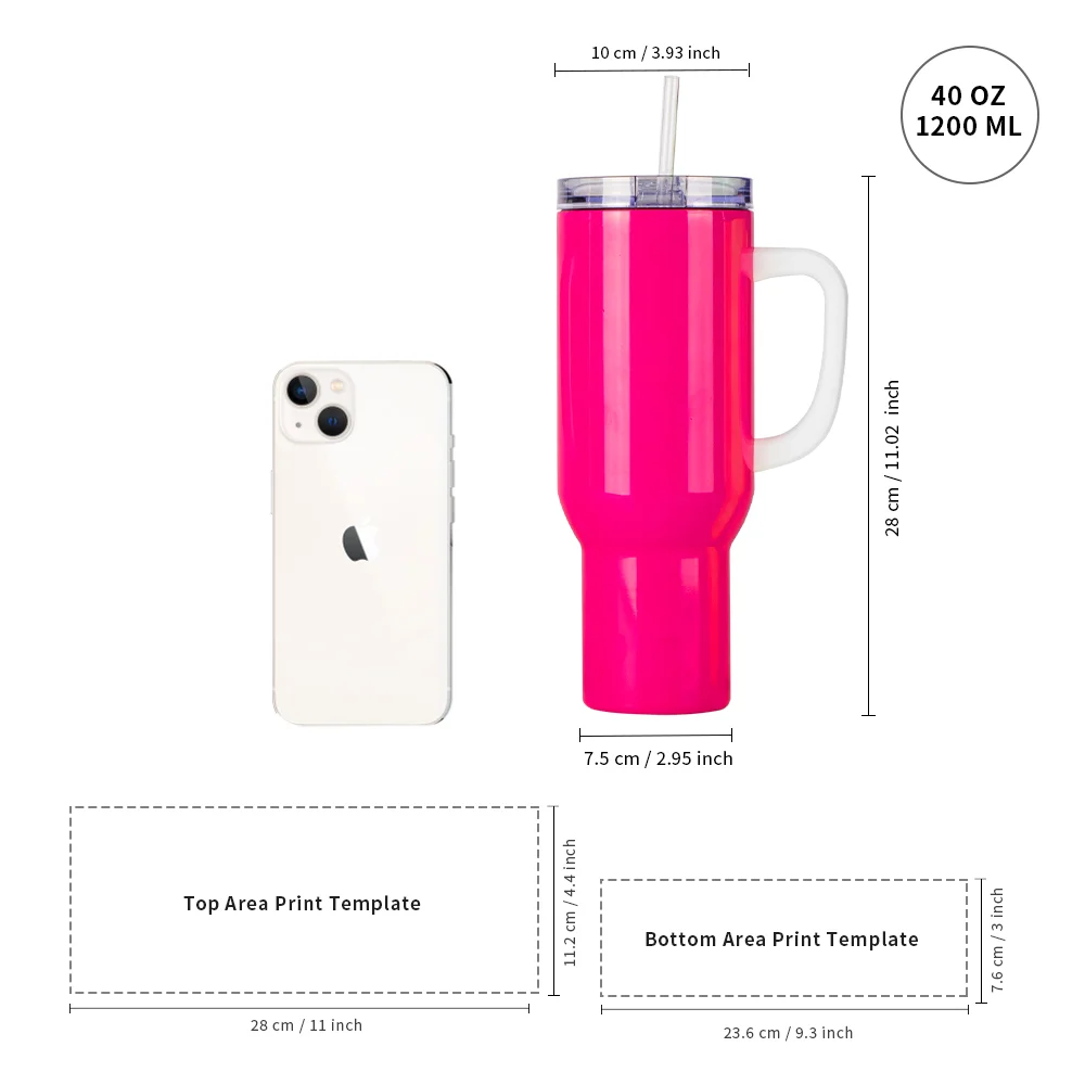 40oz/1200ml Stainless Steel Neon Travel Tumbler with Plastic Handle, Plastic Straw & Leak-Proof Slide Lid (Glossy Rose Red) thumbnail 5