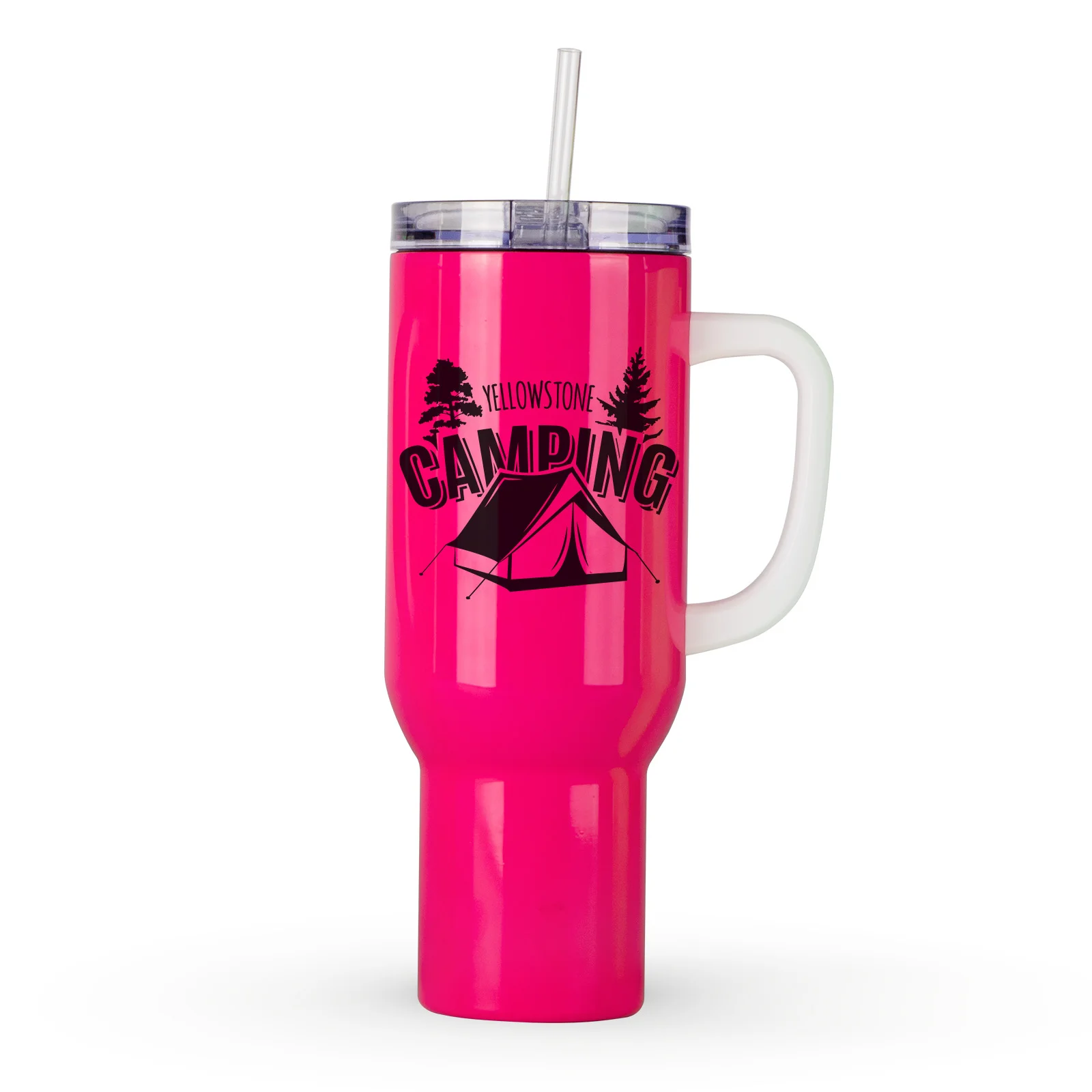 40oz/1200ml Stainless Steel Neon Travel Tumbler with Plastic Handle, Plastic Straw & Leak-Proof Slide Lid (Glossy Rose Red) thumbnail 6