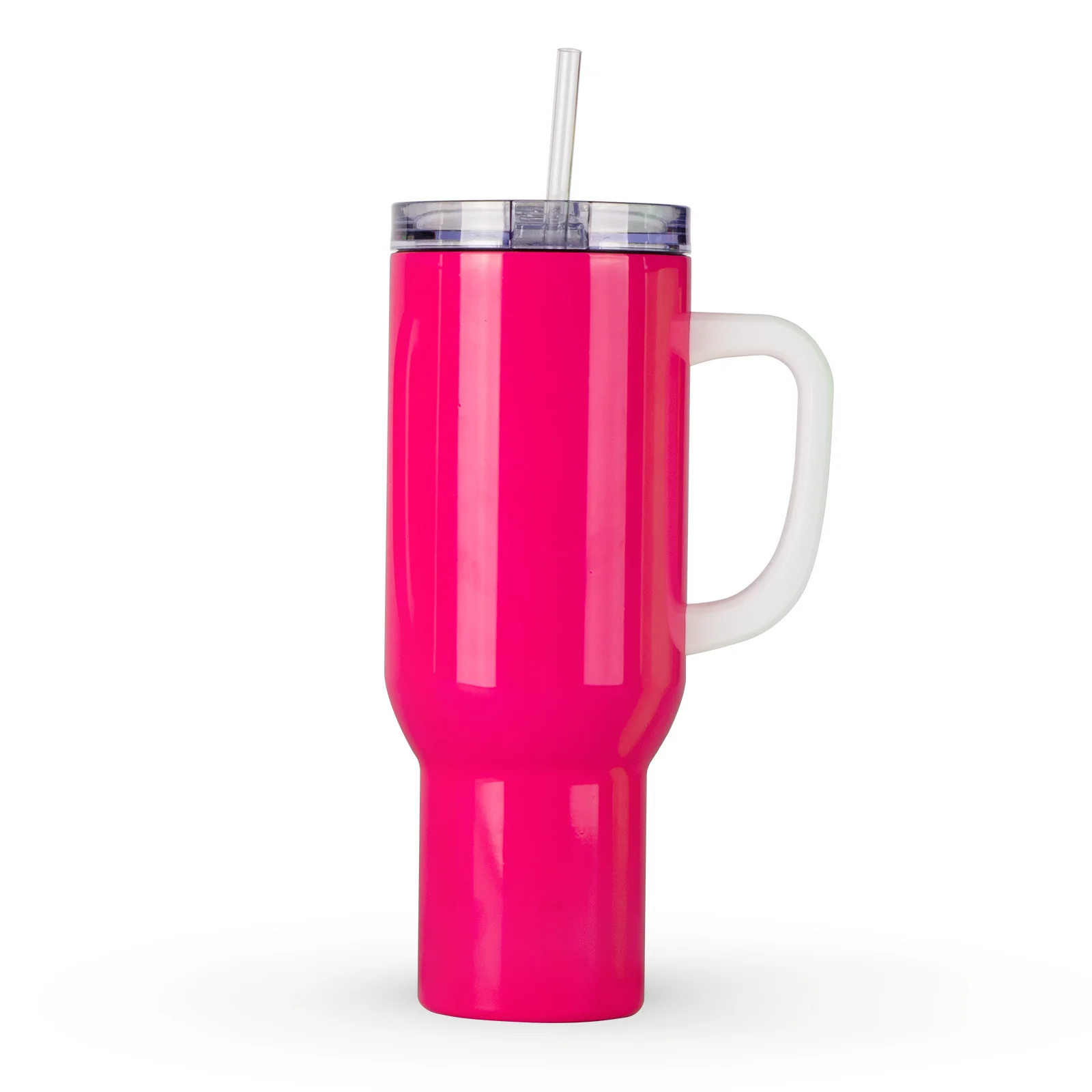 40oz/1200ml Stainless Steel Neon Travel Tumbler with Plastic Handle, Plastic Straw & Leak-Proof Slide Lid (Glossy Rose Red) thumbnail 1