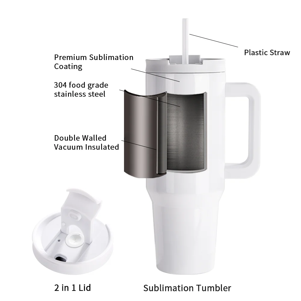 Sublimation Stainless Steel  Tumbler with Flip Lid & Plastic Straw and Handle 40oz 1200ml thumbnail 6
