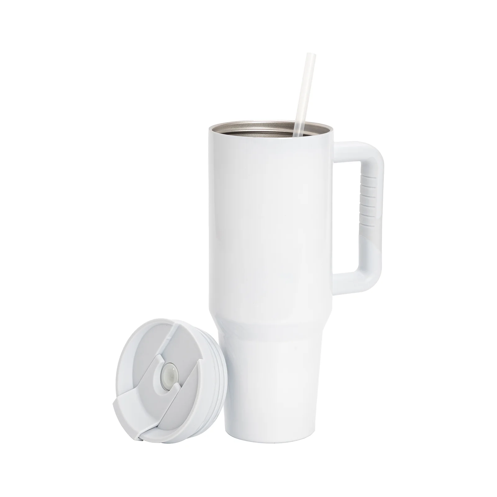 40oz/1200ml Sublimation White Stainless Steel Tumbler with Large Plastic Handle, Flip Lid & Straw thumbnail 4