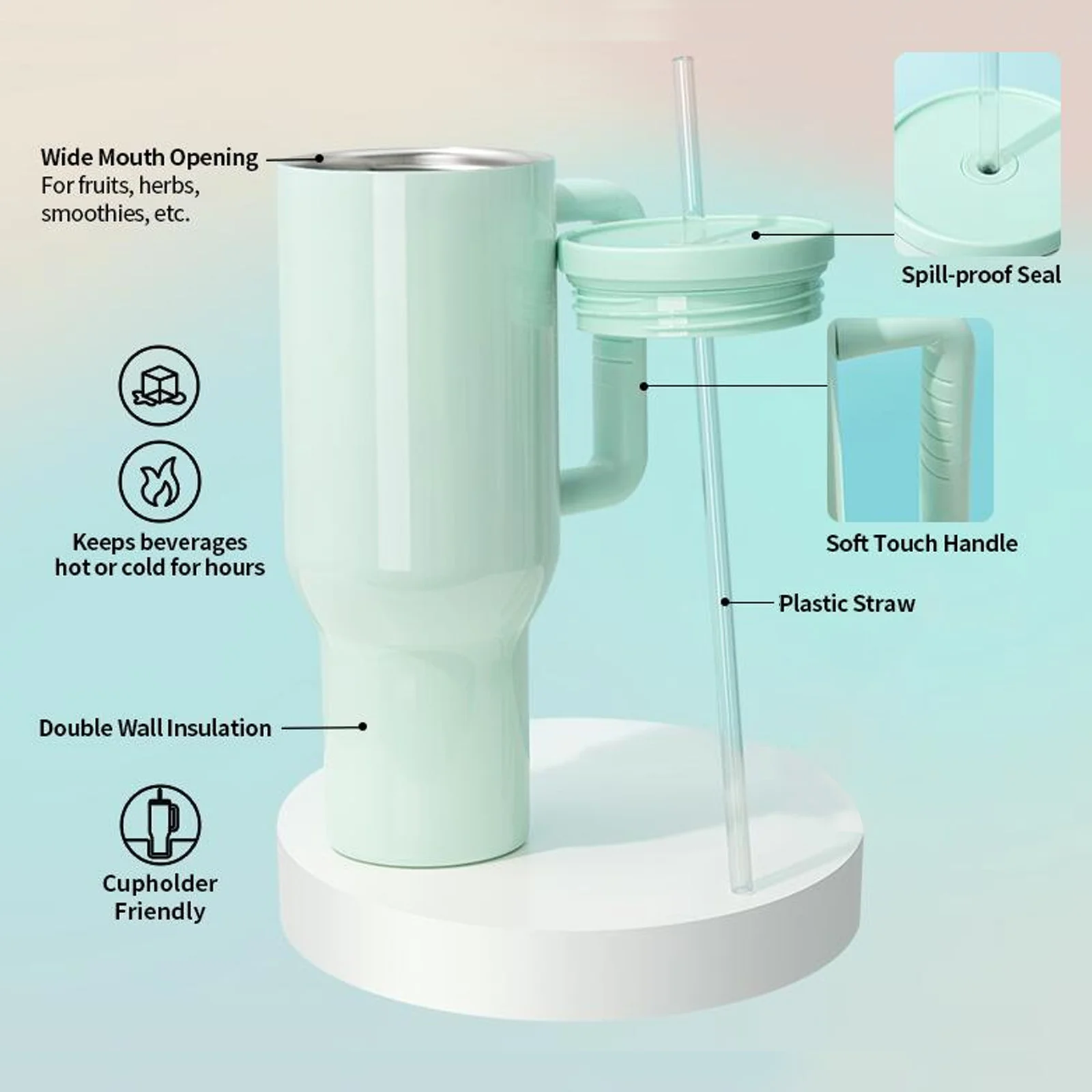 Sublimation 40oz/1200ml Stainless Steel Travel Tumbler with Lid & Straw (Glossy, Blush Pink) thumbnail 6