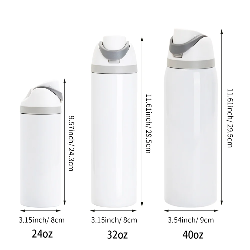 40oz 1200ml Sublimation Stainless Steel Water Bottle with Sip Spout and Push-button Lid with Lock (Glossy White) thumbnail 3