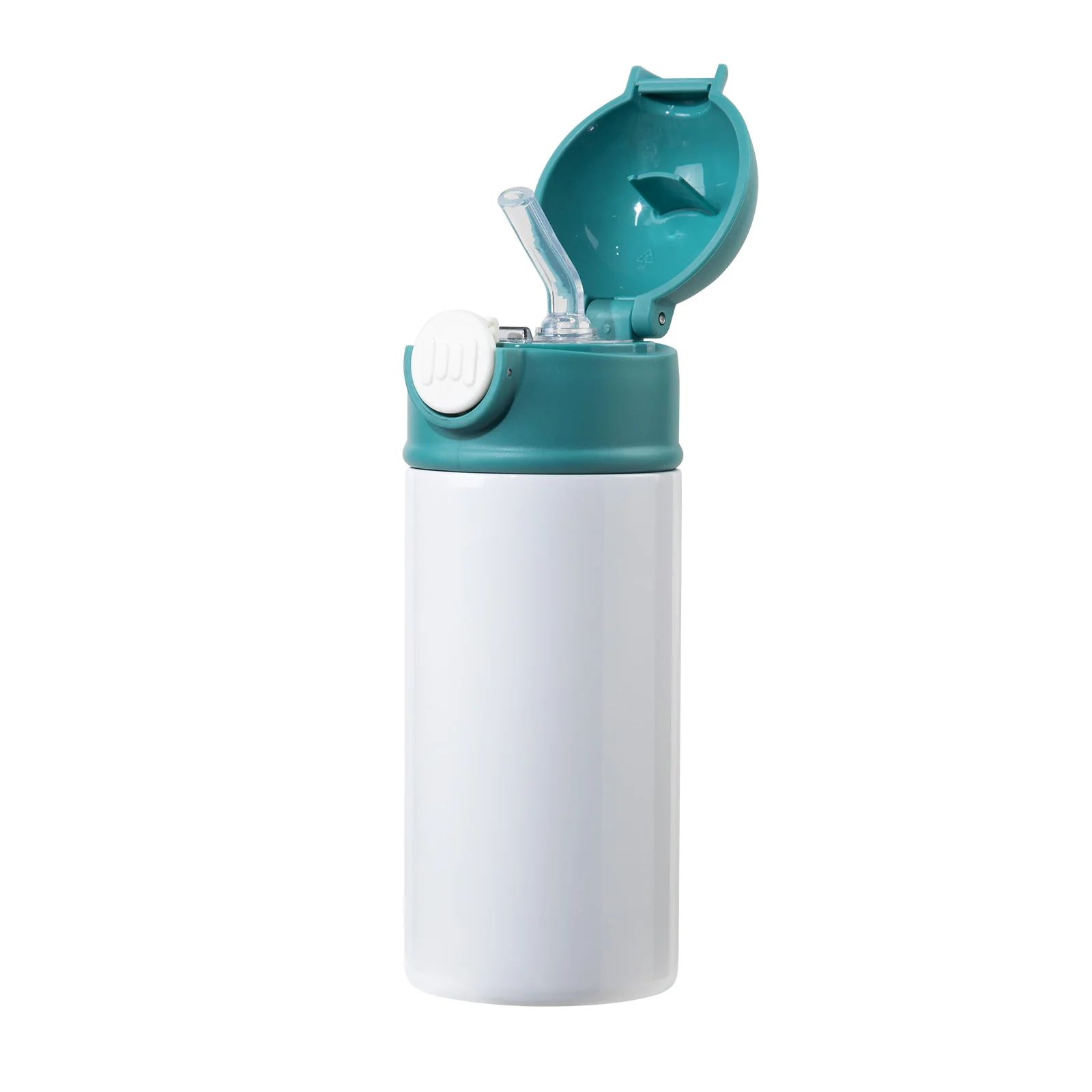Sublimation Kids Water Bottle Glossy White with Cyan Pop Lid 12oz 360ml thumbnail 3
