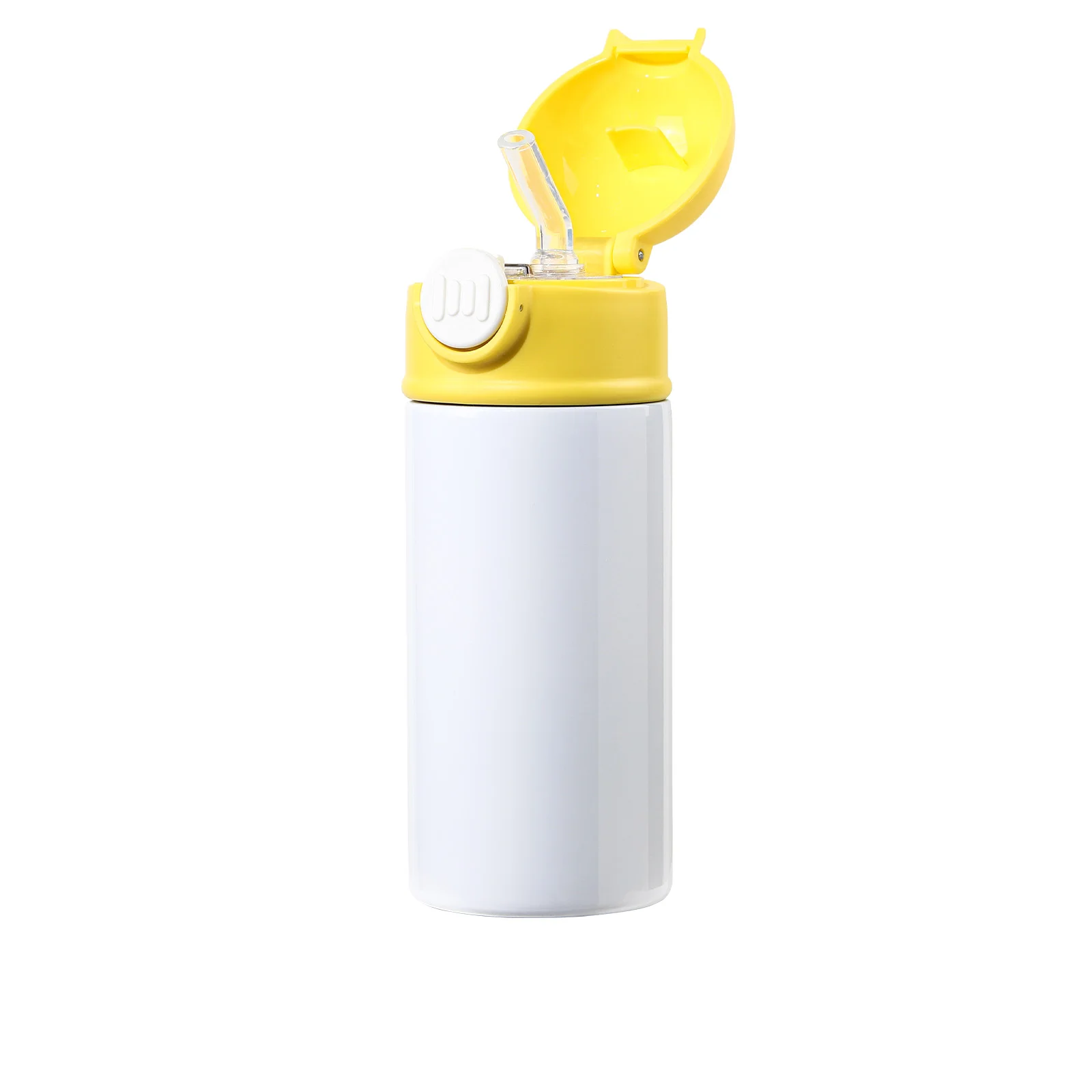 Sublimation Kids Water Bottle Glossy White with Yellow Pop Lid 12oz 360ml thumbnail 4