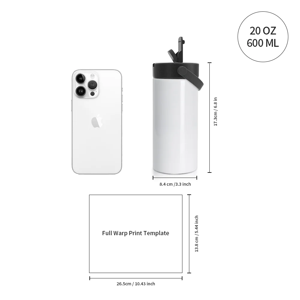 20OZ 600ml Sublimation Stainless Steel Tumbler Bottle with Foldable Handle (Glossy White) thumbnail 3
