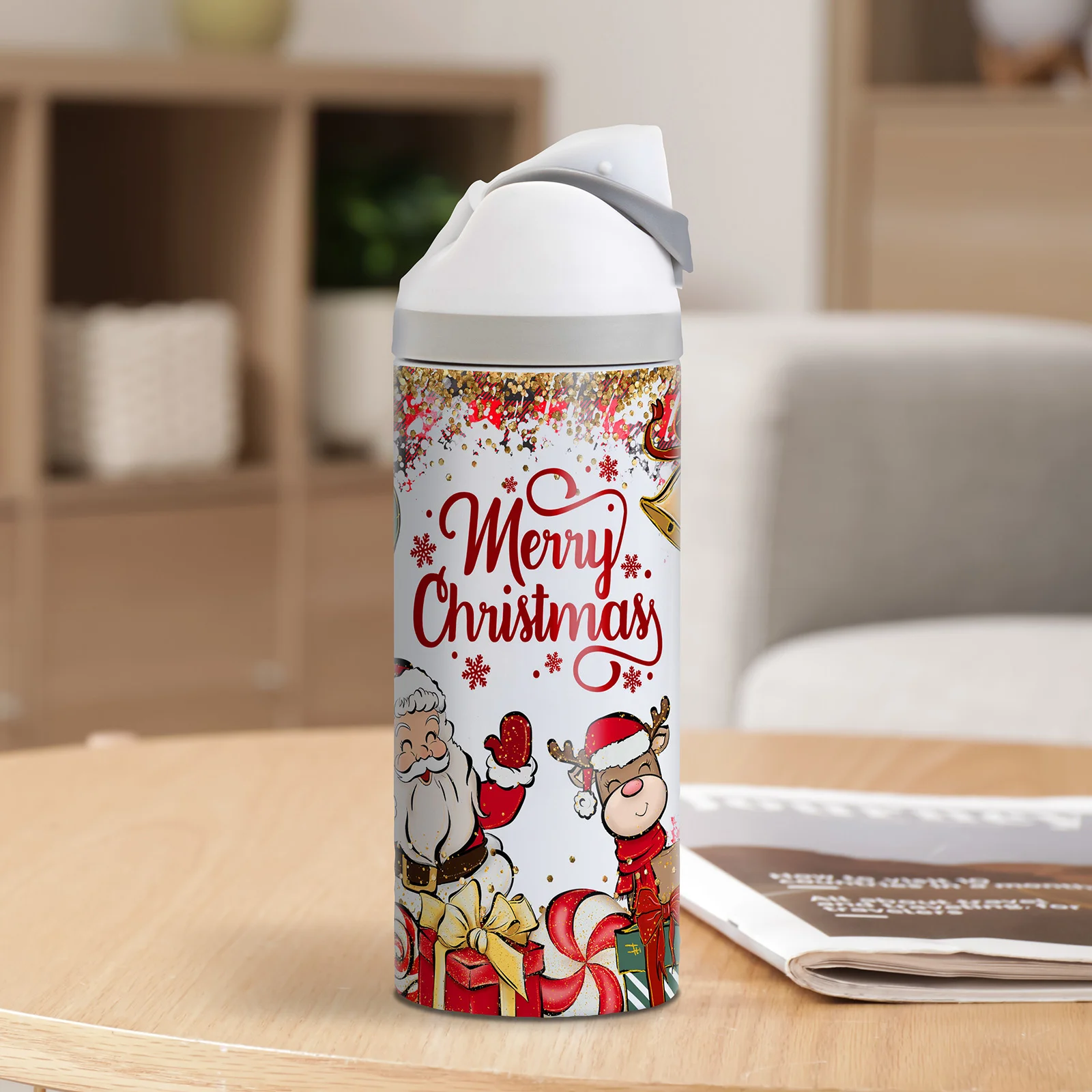 24oz 720ml Sublimation Stainless Steel Water Bottle with Sip Spout and Push-button Lid with Lock (Glossy White) thumbnail 5