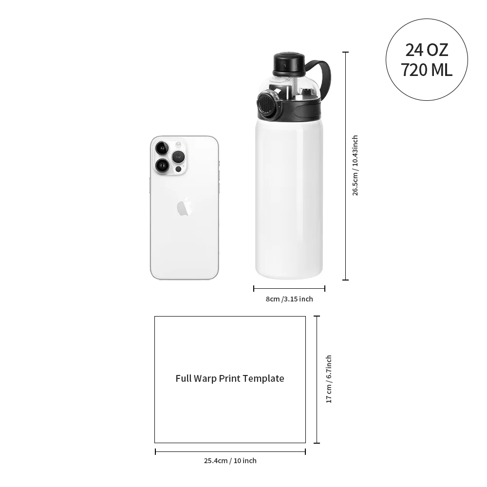 24oz 720ml Sublimation Stainless Steel Water Bottle with 3-in-1 Lid (White) thumbnail 3