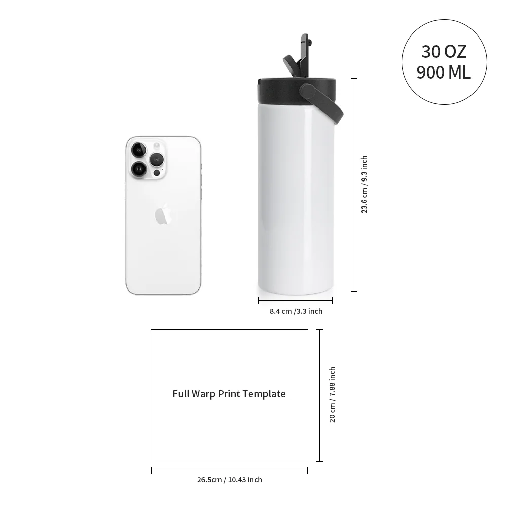 30OZ 900ml Sublimation Stainless Steel Water Bottle with Foldable Handle (Glossy White) thumbnail 3
