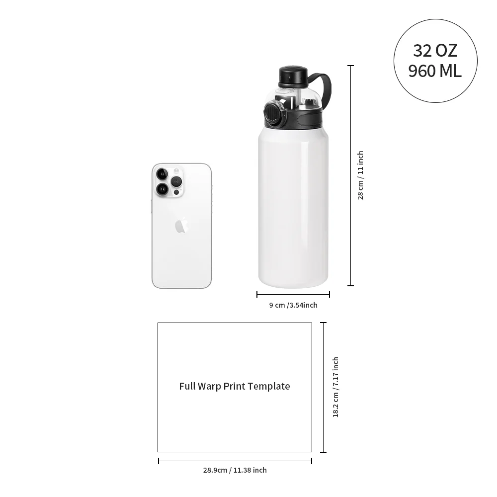 32oz 960ml Sublimation Stainless Steel Water Bottle with 3-in-1 Lid  (White) thumbnail 3