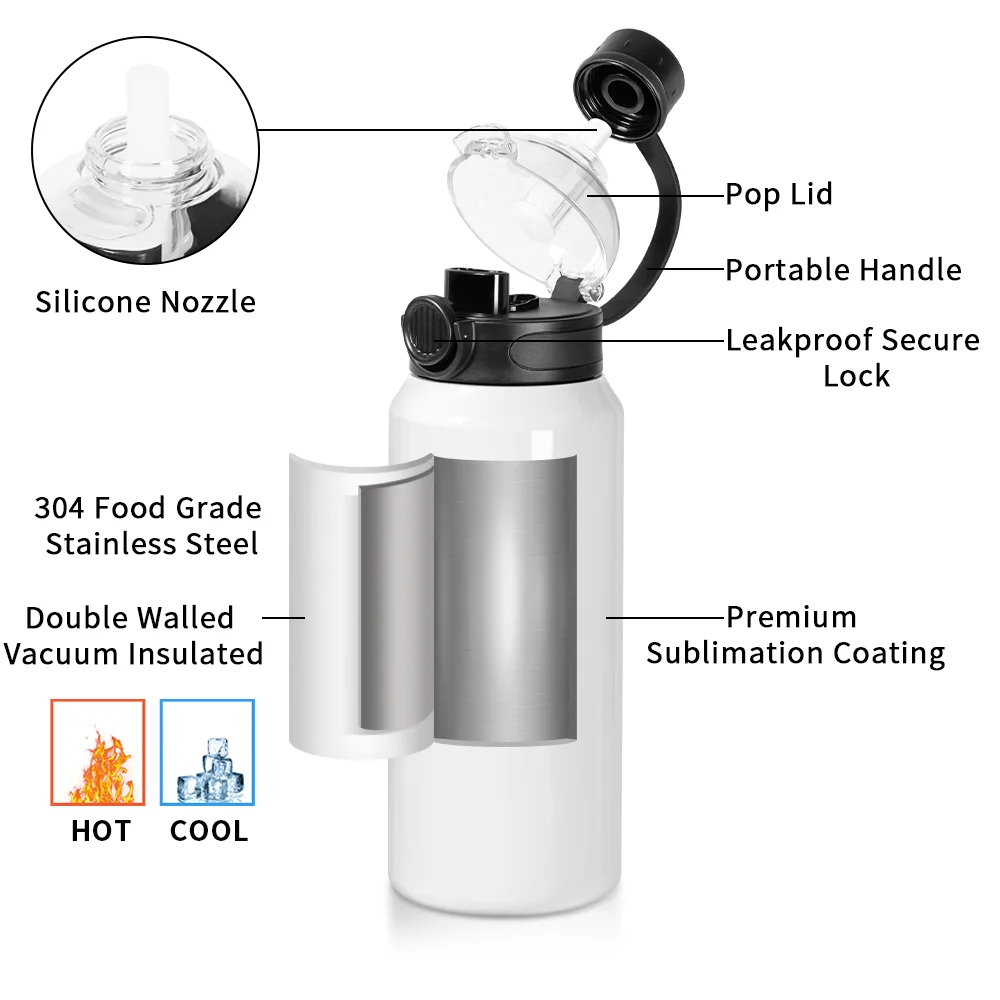 32oz 960ml Sublimation Stainless Steel Water Bottle with 3-in-1 Lid  (White) thumbnail 4