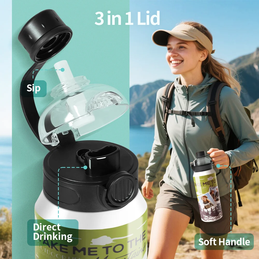 32oz 960ml Sublimation Stainless Steel Water Bottle with 3-in-1 Lid  (White) thumbnail 5