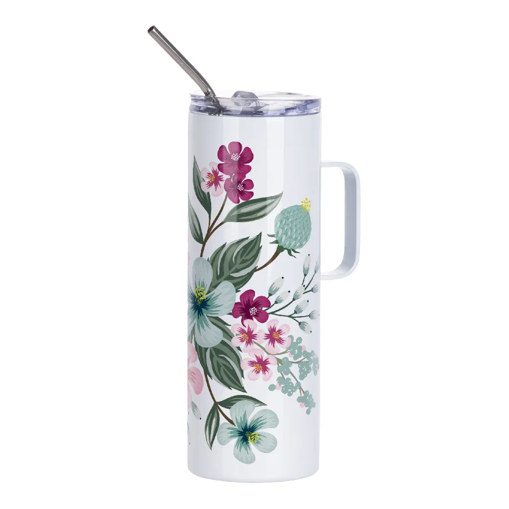 20oz/600ml Skinny Tumbler with Handle, Metal Straw & Slide Lid(White) thumbnail 2