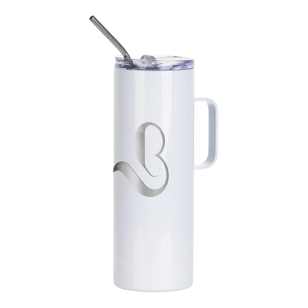 20oz/600ml Skinny Tumbler with Handle, Metal Straw & Slide Lid(White) thumbnail 3