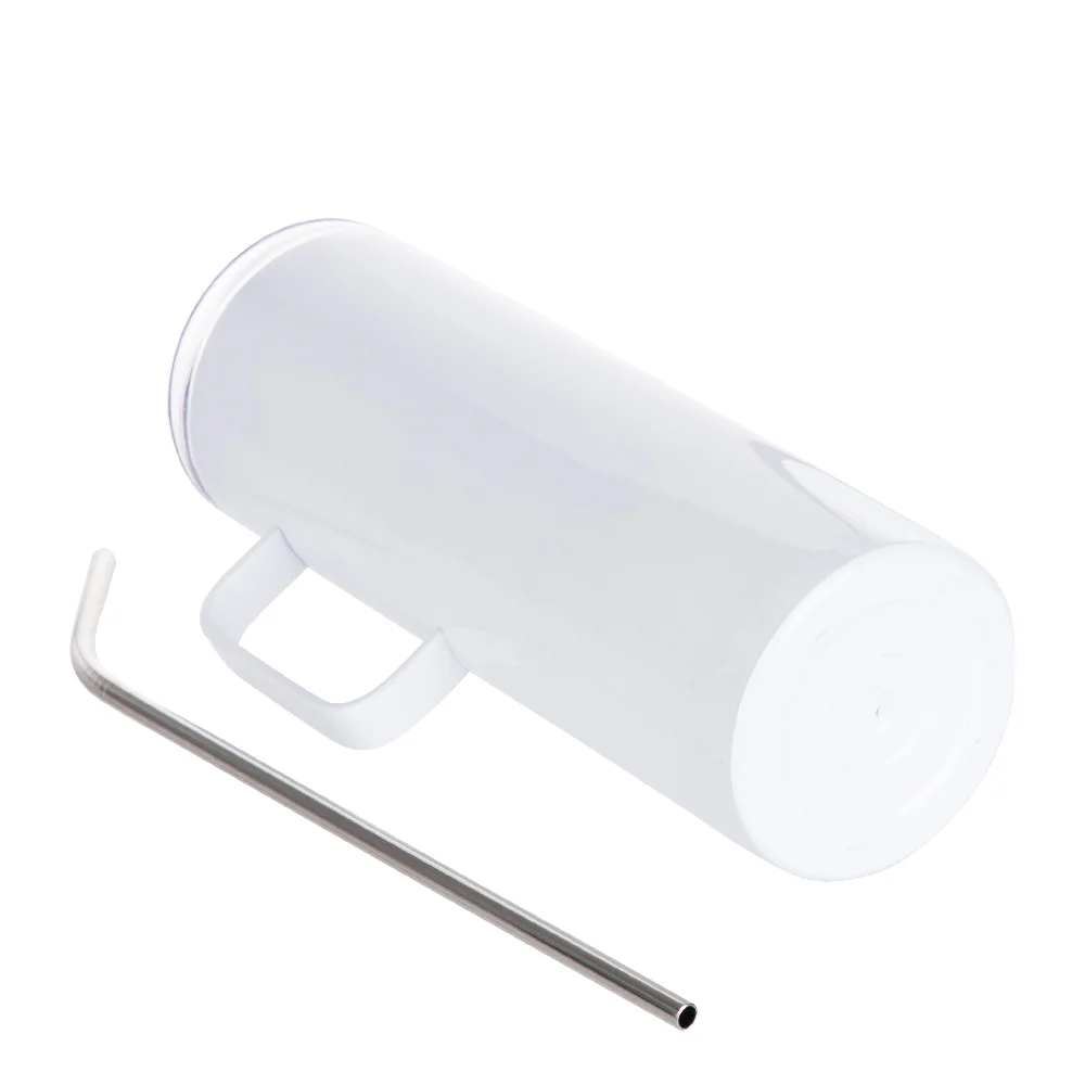 20oz/600ml Skinny Tumbler with Handle, Metal Straw & Slide Lid(White) thumbnail 4