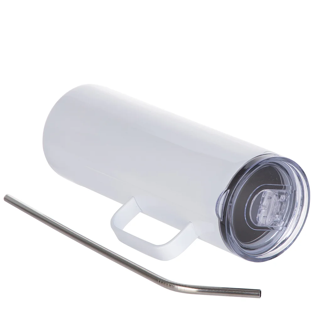 20oz/600ml Skinny Tumbler with Handle, Metal Straw & Slide Lid(White) thumbnail 5