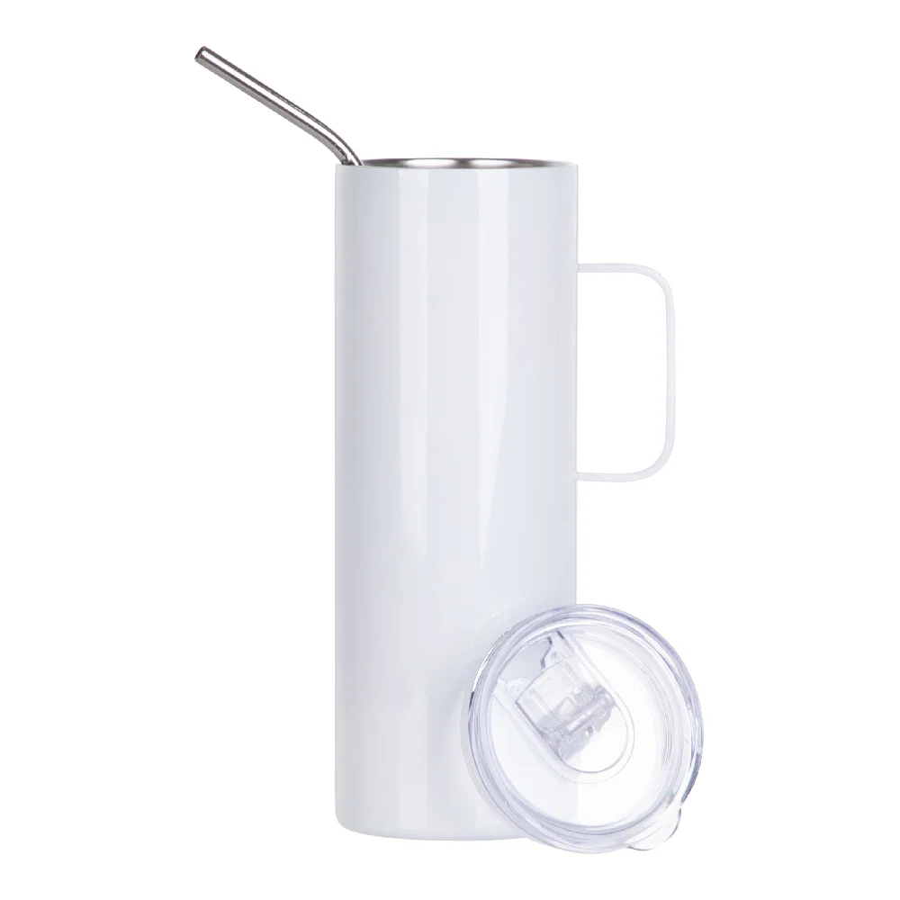 20oz/600ml Skinny Tumbler with Handle, Metal Straw & Slide Lid(White) thumbnail 6