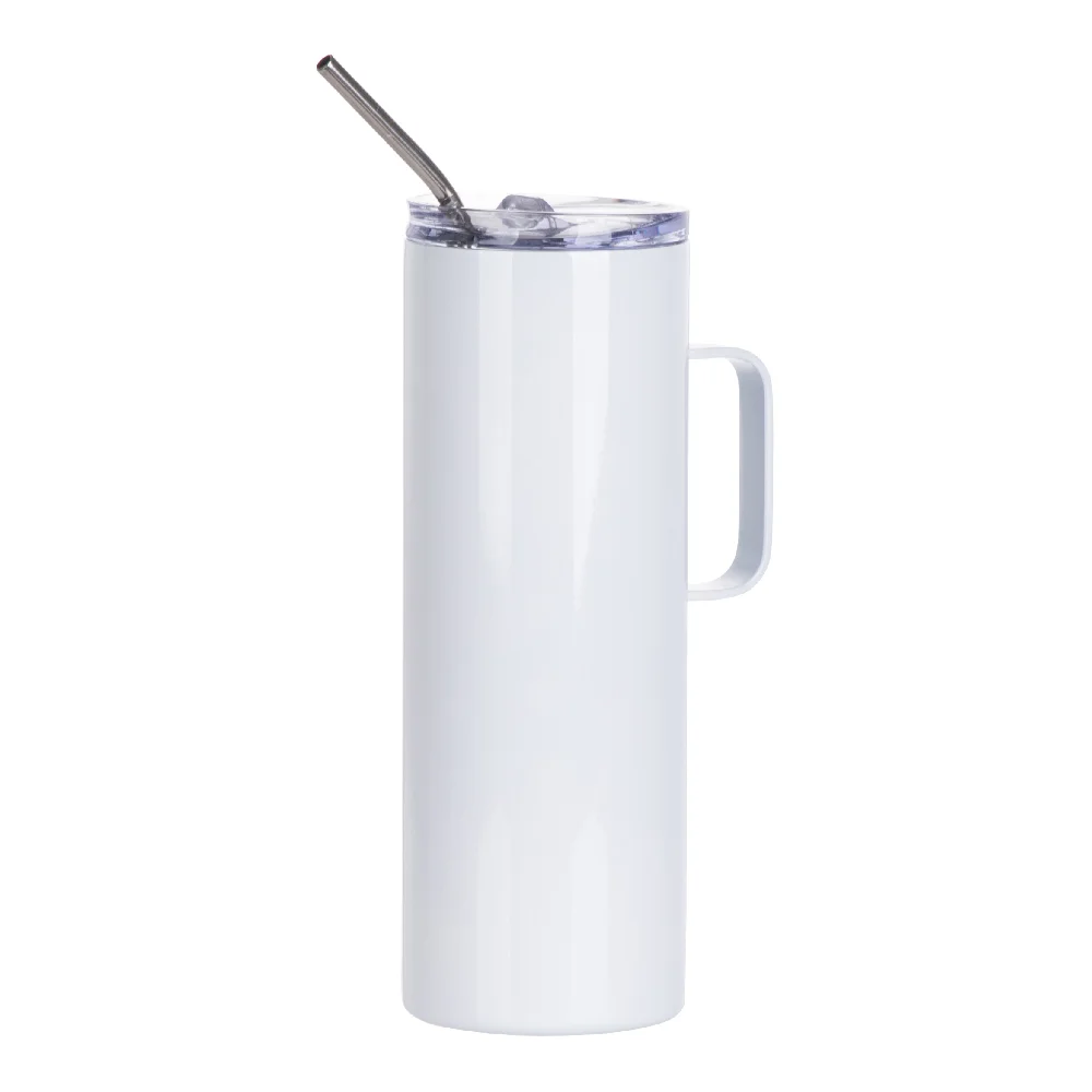 20oz/600ml Skinny Tumbler with Handle, Metal Straw & Slide Lid(White) thumbnail 1