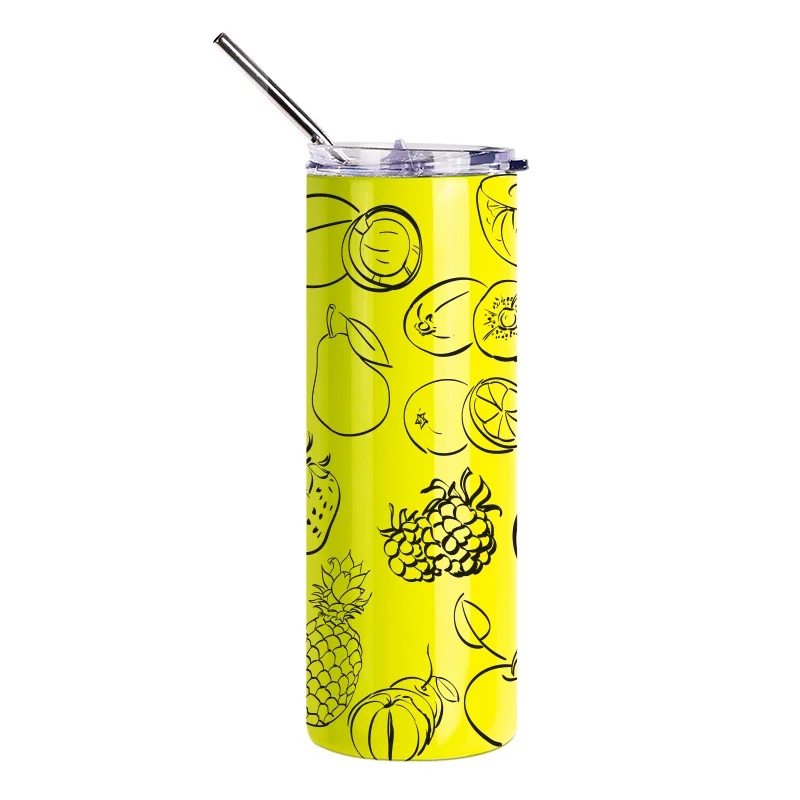 20oz/600ml Stainless Steel Neon Travel Tumbler with Metal Straw & Dust-Proof Slide Lid (Glossy Yellow) thumbnail 2