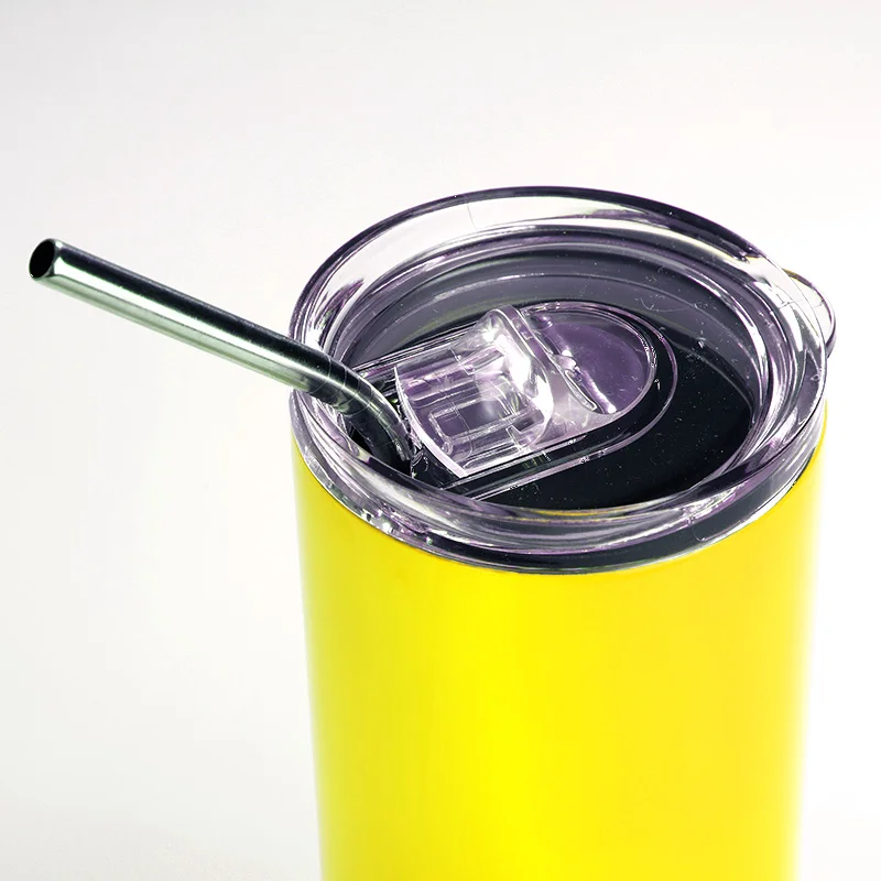 20oz/600ml Stainless Steel Neon Travel Tumbler with Metal Straw & Dust-Proof Slide Lid (Glossy Yellow) thumbnail 3