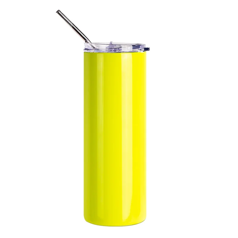 20oz/600ml Stainless Steel Neon Travel Tumbler with Metal Straw & Dust-Proof Slide Lid (Glossy Yellow) thumbnail 1