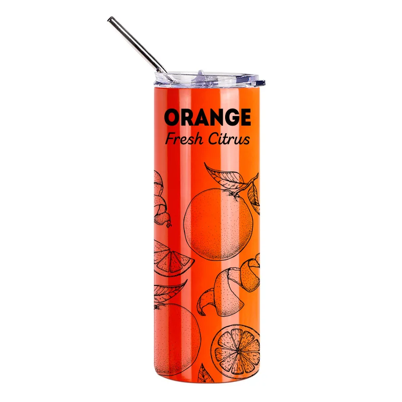 20oz/600ml  Stainless Steel Neon Travel Tumbler with Metal Straw & Dust-Proof Slide Lid (Glossy Orange Red) thumbnail 2