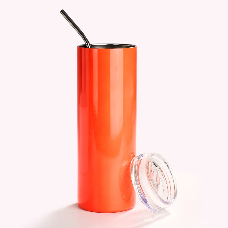 20oz/600ml  Stainless Steel Neon Travel Tumbler with Metal Straw & Dust-Proof Slide Lid (Glossy Orange Red) thumbnail 3