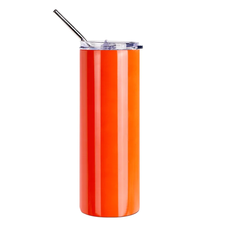 20oz/600ml  Stainless Steel Neon Travel Tumbler with Metal Straw & Dust-Proof Slide Lid (Glossy Orange Red) thumbnail 1