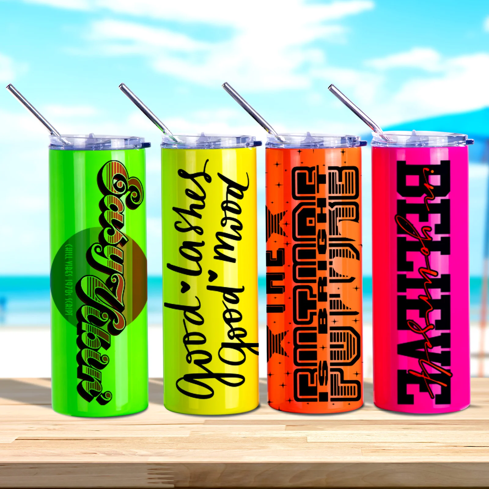 20oz/600ml  Stainless Steel Neon Travel Tumbler with Metal Straw & Dust-Proof Slide Lid (Glossy Green) thumbnail 2