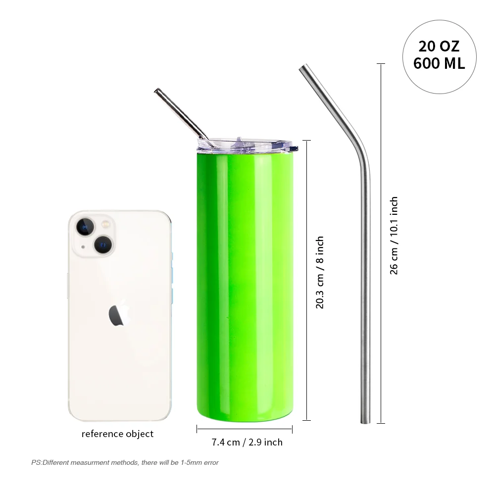 20oz/600ml  Stainless Steel Neon Travel Tumbler with Metal Straw & Dust-Proof Slide Lid (Glossy Green) thumbnail 4