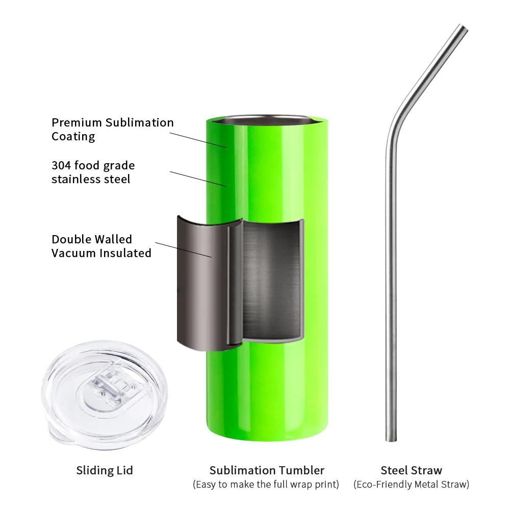 20oz/600ml  Stainless Steel Neon Travel Tumbler with Metal Straw & Dust-Proof Slide Lid (Glossy Green) thumbnail 5
