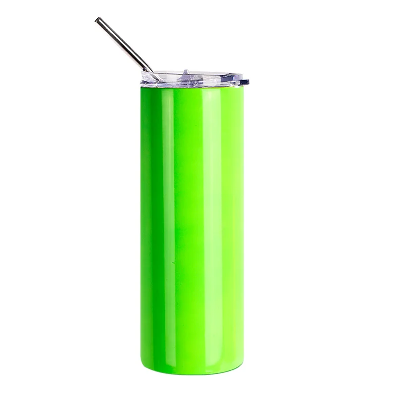 20oz/600ml  Stainless Steel Neon Travel Tumbler with Metal Straw & Dust-Proof Slide Lid (Glossy Green) thumbnail 1