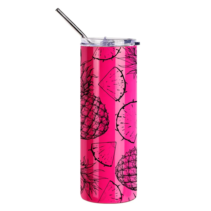 20oz/600ml  Stainless Steel Neon Travel Tumbler with Metal Straw & Dust-Proof Slide Lid (Glossy Rose Red) thumbnail 2