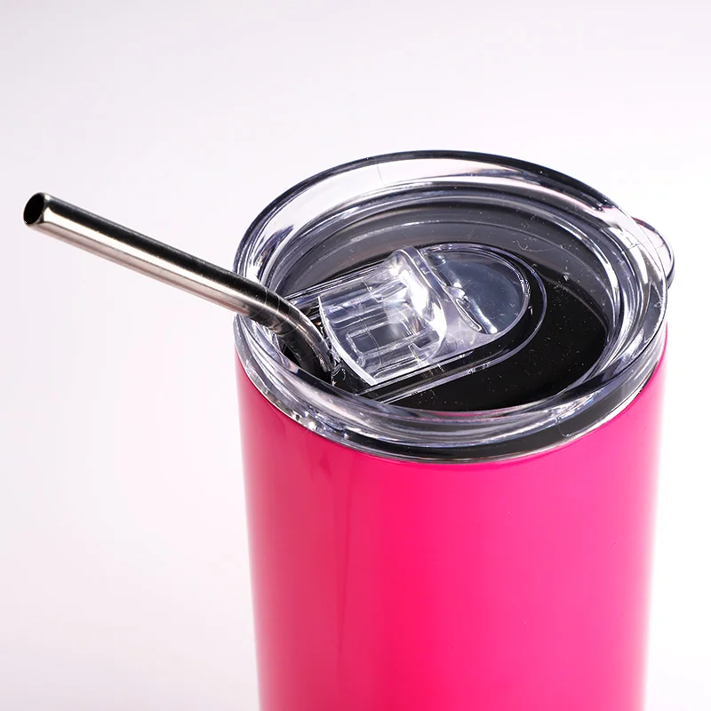 20oz/600ml  Stainless Steel Neon Travel Tumbler with Metal Straw & Dust-Proof Slide Lid (Glossy Rose Red) thumbnail 4