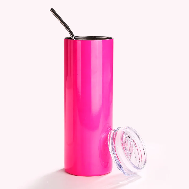 20oz/600ml  Stainless Steel Neon Travel Tumbler with Metal Straw & Dust-Proof Slide Lid (Glossy Rose Red) thumbnail 5