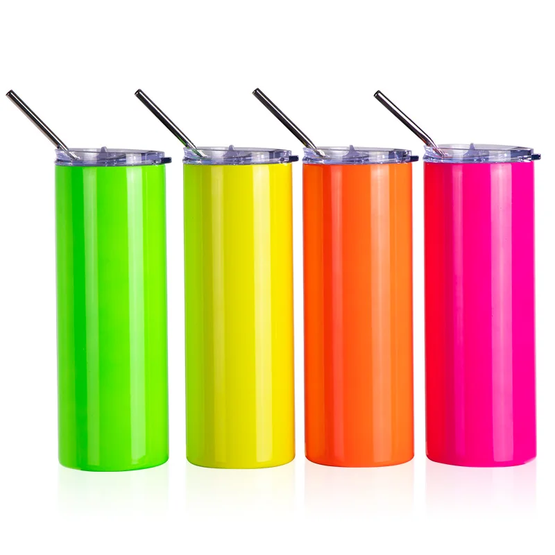 20oz/600ml  Stainless Steel Neon Travel Tumbler with Metal Straw & Dust-Proof Slide Lid (Glossy Rose Red) thumbnail 6