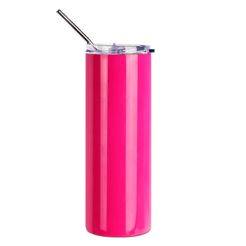 20oz/600ml  Stainless Steel Neon Travel Tumbler with Metal Straw & Dust-Proof Slide Lid (Glossy Rose Red) thumbnail 1